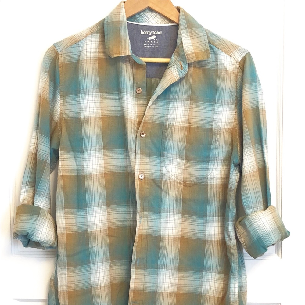 Teal and tan plaid cotton button down shirt small